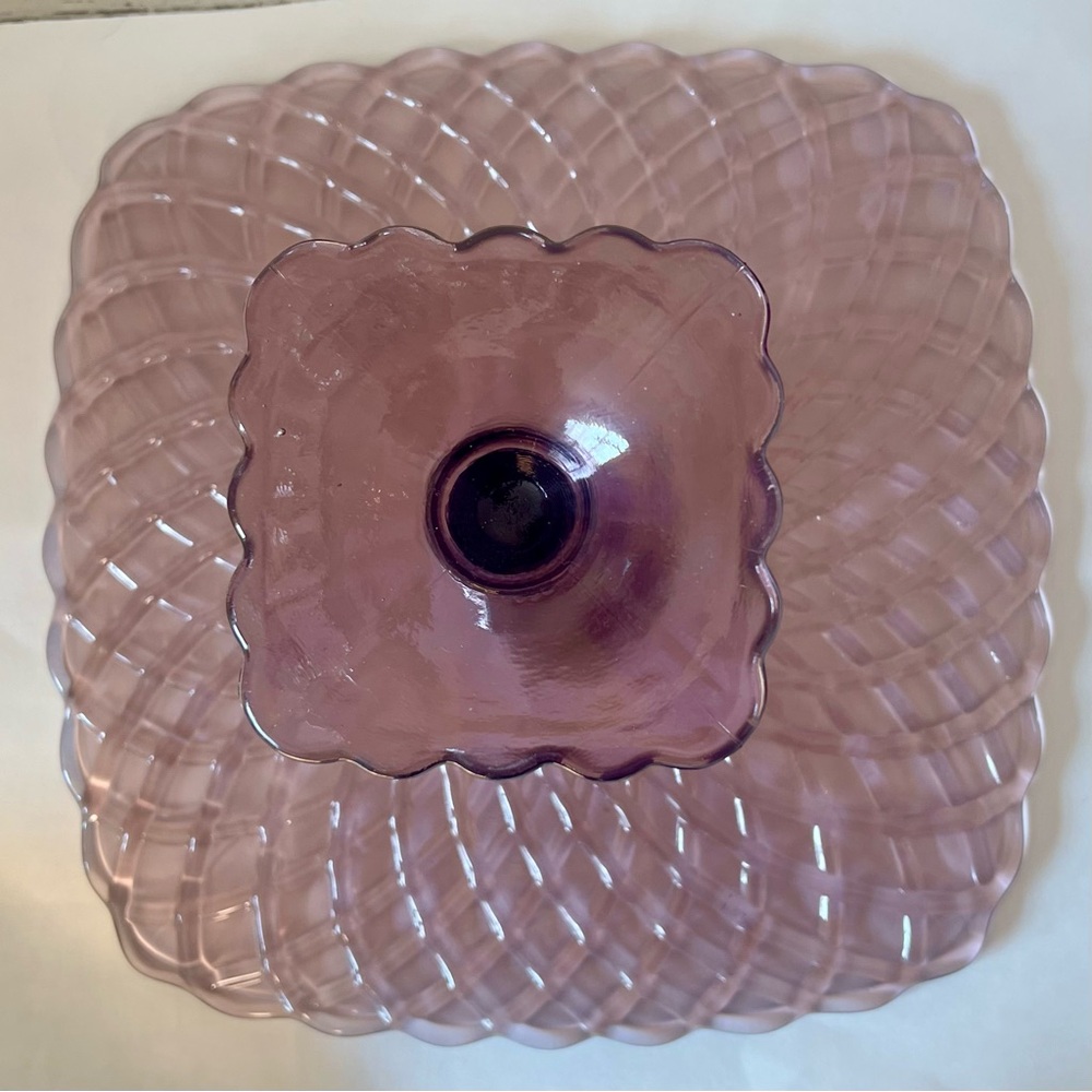 Vintage LE Smith Trellis Lavender Purple Square Pedestal Cake Plate Stand - Picture 5 of 15